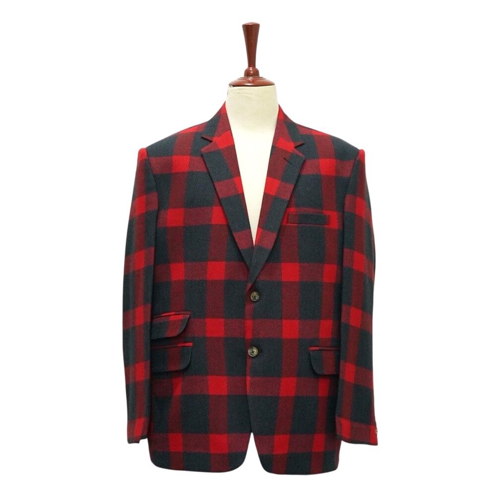 Mens 48R Red Black Buffalo Plaid Wool Blazer 2 Button Sport Coat Wedding Formal